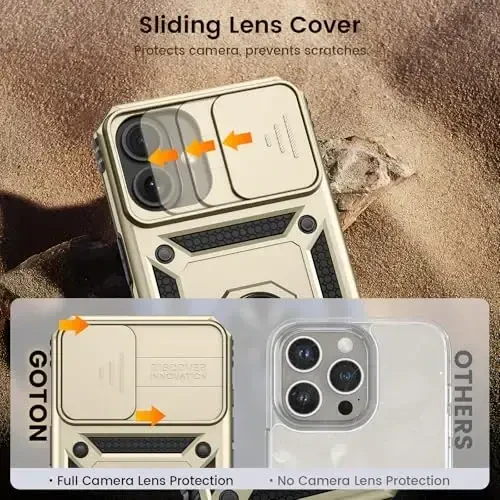 Goton Compatible for iPhone 16 Case with Screen Protector - Slide Camera Cover Protective Phone Case with Ring Stand, Heavy Duty Shockproof Rugged Bumper for iPhone 16 Accessories Gold - 6