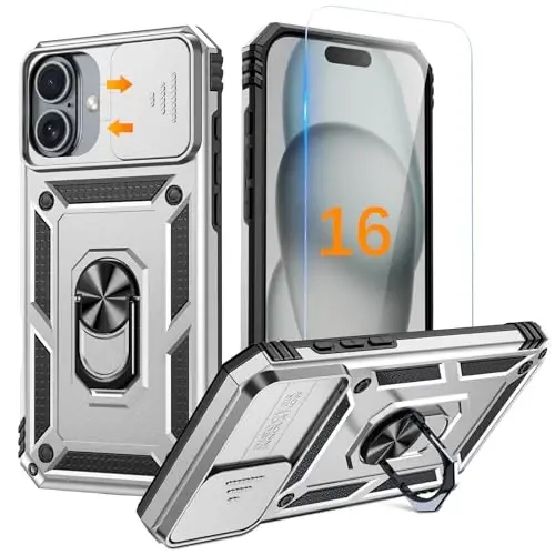 Goton Compatible for iPhone 16 Case with Screen Protector - Slide Camera Cover Protective Phone Case with Ring Stand, Heavy Duty Shockproof Rugged Bumper for iPhone 16 Accessories Silver - GOTON