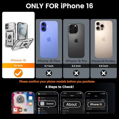 Goton Compatible for iPhone 16 Case with Screen Protector - Slide Camera Cover Protective Phone Case with Ring Stand, Heavy Duty Shockproof Rugged Bumper for iPhone 16 Accessories Silver - 2