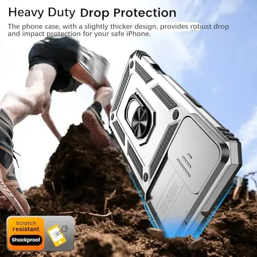 Goton Compatible for iPhone 16 Case with Screen Protector - Slide Camera Cover Protective Phone Case with Ring Stand, Heavy Duty Shockproof Rugged Bumper for iPhone 16 Accessories Silver - 3