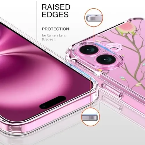 bicol for iPhone 16 Plus Case with Screen Protector, Enhanced Camera Protection, Crystal Acrylic Clear with Fashionable Pattern Designs for Girls Women, Slim Fit Protective Phone Cover, Coloed Birds - BICOL (1)