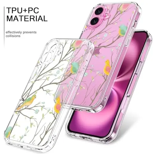 bicol for iPhone 16 Plus Case with Screen Protector, Enhanced Camera Protection, Crystal Acrylic Clear with Fashionable Pattern Designs for Girls Women, Slim Fit Protective Phone Cover, Coloed Birds - 3