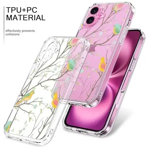 bicol for iPhone 16 Plus Case with Screen Protector, Enhanced Camera Protection, Crystal Acrylic Clear with Fashionable Pattern Designs for Girls Women, Slim Fit Protective Phone Cover, Coloed Birds - 3