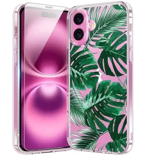bicol for iPhone 16 Plus Case with Screen Protector, Enhanced Camera Protection, Crystal Acrylic Clear with Fashionable Pattern Designs for Girls Women, Slim Fit Protective Phone Cover, Green Leaves - 1