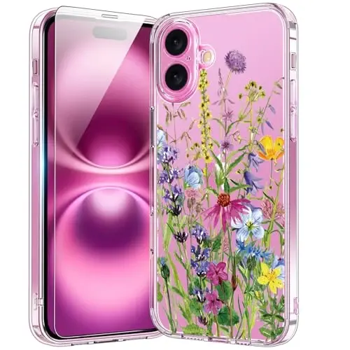 bicol for iPhone 16 Plus Case with Screen Protector, Enhanced Camera Protection, Crystal Acrylic Clear with Fashionable Designs for Girls Women, Slim Fit Protective Phone Cover, Blooming Flowers 