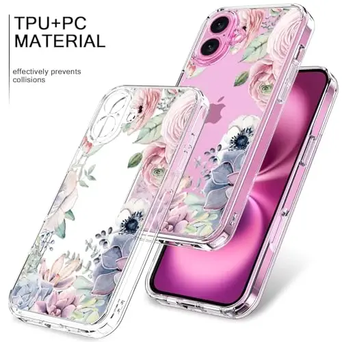 bicol for iPhone 16 Plus Case with Screen Protector, Enhanced Camera Protection, Crystal Acrylic Clear with Fashionable Designs for Girls Women, Slim Fit Protective Phone Cover, Colorful Succulents - 3