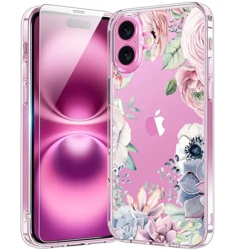 bicol for iPhone 16 Plus Case with Screen Protector, Enhanced Camera Protection, Crystal Acrylic Clear with Fashionable Designs for Girls Women, Slim Fit Protective Phone Cover, Colorful Succulents - 1