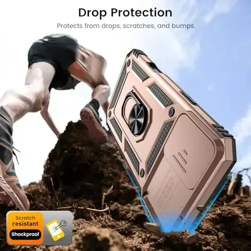 Goton Compatible for iPhone 16 Plus Case with Screen Protector - Slide Camera Cover Protective Phone Case with Ring Stand, Heavy Duty Shockproof Rugged Bumper for iPhone 16 Plus Accessories Rose Gold - 3
