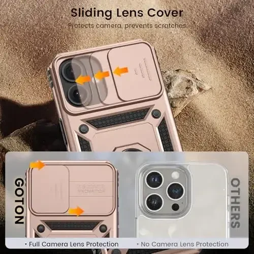 Goton Compatible for iPhone 16 Plus Case with Screen Protector - Slide Camera Cover Protective Phone Case with Ring Stand, Heavy Duty Shockproof Rugged Bumper for iPhone 16 Plus Accessories Rose Gold - 6