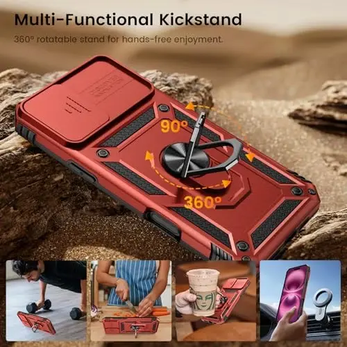 Goton Compatible for iPhone 16 Plus Case with Screen Protector - Slide Camera Cover Protective Phone Case with Ring Stand, Heavy Duty Shockproof Rugged Bumper for iPhone 16 Plus Accessories Red - 5