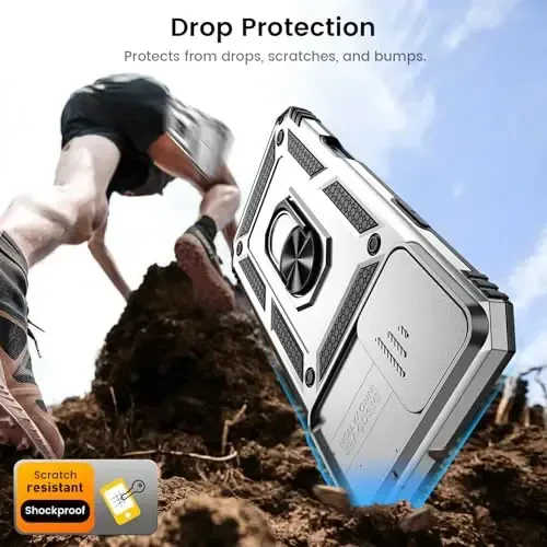 Goton Compatible for iPhone 16 Plus Case with Screen Protector - Slide Camera Cover Protective Phone Case with Ring Stand, Heavy Duty Shockproof Rugged Bumper for iPhone 16 Plus Accessories Silver - 5