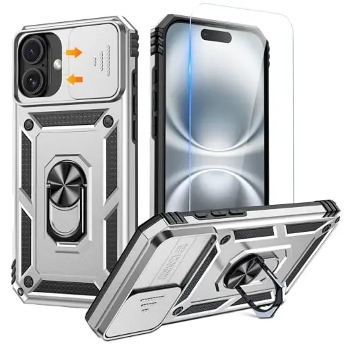 Goton Compatible for iPhone 16 Plus Case with Screen Protector - Slide Camera Cover Protective Phone Case with Ring Stand, Heavy Duty Shockproof Rugged Bumper for iPhone 16 Plus Accessories Silver 