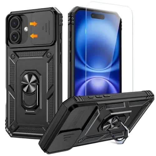 Goton Compatible for iPhone 16 Plus Case with Screen Protector - Slide Camera Cover Protective Phone Case with Ring Stand, Heavy Duty Shockproof Rugged Bumper for iPhone 16 Plus Accessories Black - 1