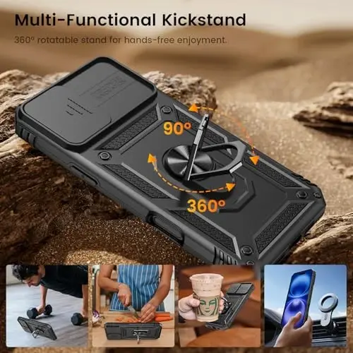 Goton Compatible for iPhone 16 Plus Case with Screen Protector - Slide Camera Cover Protective Phone Case with Ring Stand, Heavy Duty Shockproof Rugged Bumper for iPhone 16 Plus Accessories Black - 5