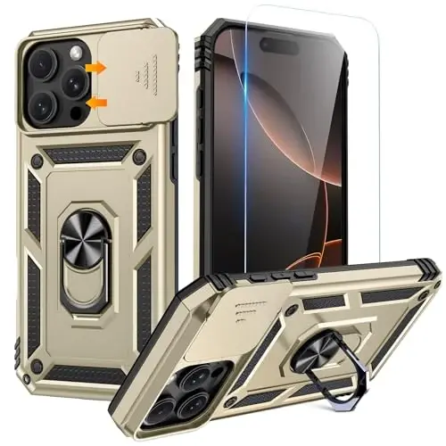 Goton Compatible for iPhone 16 Pro Case with Screen Protector - Slide Camera Cover Protective Phone Case with Ring Stand, Heavy Duty Shockproof Rugged Bumper for iPhone 16 Pro Accessories Gold - 1