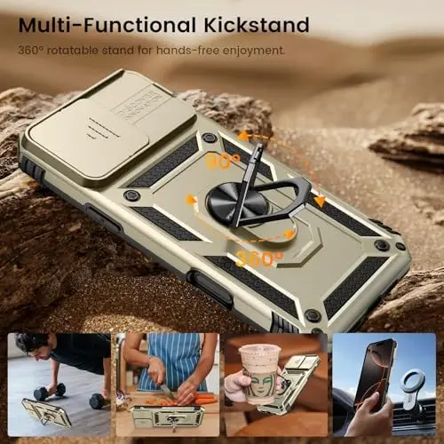 Goton Compatible for iPhone 16 Pro Case with Screen Protector - Slide Camera Cover Protective Phone Case with Ring Stand, Heavy Duty Shockproof Rugged Bumper for iPhone 16 Pro Accessories Gold - 5