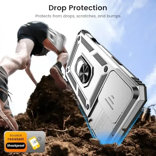 Goton Compatible for iPhone 16 Pro Case with Screen Protector - Slide Camera Cover Protective Phone Case with Ring Stand, Heavy Duty Shockproof Rugged Bumper for iPhone 16 Pro Accessories Silver - 3