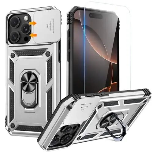 Goton Compatible for iPhone 16 Pro Case with Screen Protector - Slide Camera Cover Protective Phone Case with Ring Stand, Heavy Duty Shockproof Rugged Bumper for iPhone 16 Pro Accessories Silver - GOTON
