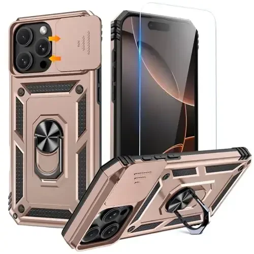 Goton Compatible for iPhone 16 Pro Case with Screen Protector - Slide Camera Cover Protective Phone Case with Ring Stand, Heavy Duty Shockproof Rugged Bumper for iPhone 16 Pro Accessories Rose Gold - 1