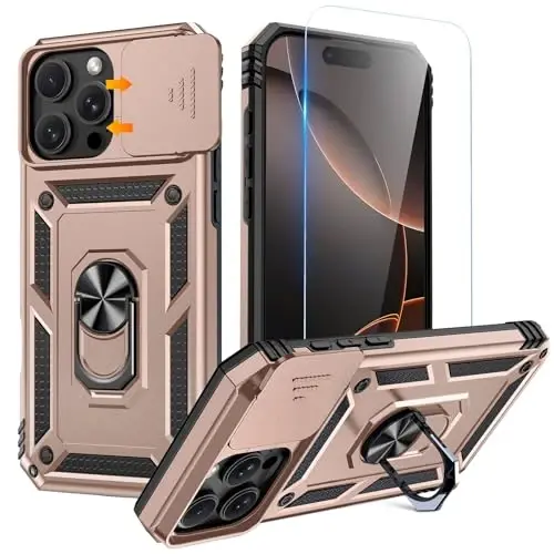 Goton Compatible for iPhone 16 Pro Case with Screen Protector - Slide Camera Cover Protective Phone Case with Ring Stand, Heavy Duty Shockproof Rugged Bumper for iPhone 16 Pro Accessories Rose Gold 