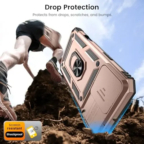 Goton Compatible for iPhone 16 Pro Case with Screen Protector - Slide Camera Cover Protective Phone Case with Ring Stand, Heavy Duty Shockproof Rugged Bumper for iPhone 16 Pro Accessories Rose Gold - 3