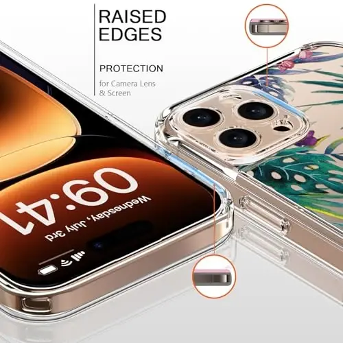 Bicol for iPhone 16 Pro Case with Screen Protector, Enhanced Camera Protection, Crystal Acrylic Clear with Fashionable Designs for Girls Women, Slim Fit Protective Phone Cover, Colored Tropical Leaves - 2