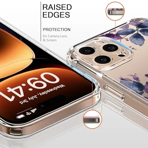 bicol for iPhone 16 Pro Max Case with Screen Protector, Enhanced Camera Protection, Crystal Clear with Fashionable Designs for Girls Women, Slim Fit Protective Phone Cover, Purple Flowers - 2