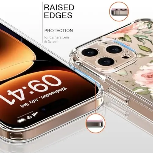 bicol for iPhone 16 Pro Max Case with Screen Protector, Enhanced Camera Protection, Crystal Clear with Fashionable Designs for Girls Women, Slim Fit Protective Phone Cover, Champagne Flowers - 2