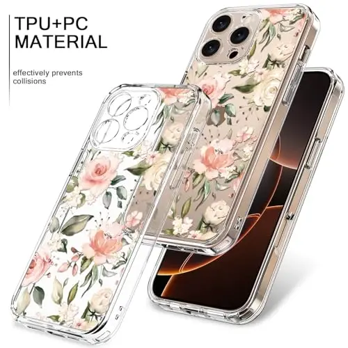 bicol for iPhone 16 Pro Max Case with Screen Protector, Enhanced Camera Protection, Crystal Clear with Fashionable Designs for Girls Women, Slim Fit Protective Phone Cover, Champagne Flowers - 3