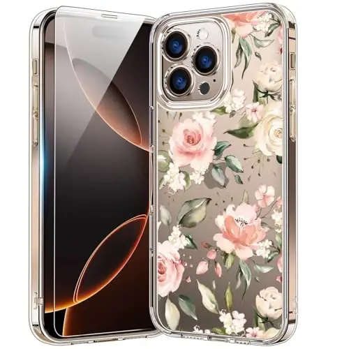 bicol for iPhone 16 Pro Max Case with Screen Protector, Enhanced Camera Protection, Crystal Clear with Fashionable Designs for Girls Women, Slim Fit Protective Phone Cover, Champagne Flowers - 1