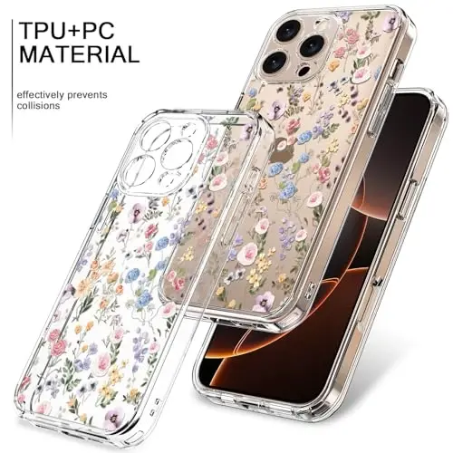 bicol for iPhone 16 Pro Max Case with Screen Protector, Enhanced Camera Protection, Crystal Clear with Fashionable Designs for Girls Women, Slim Fit Protective Phone Cover, Blooming Wildflower - 3