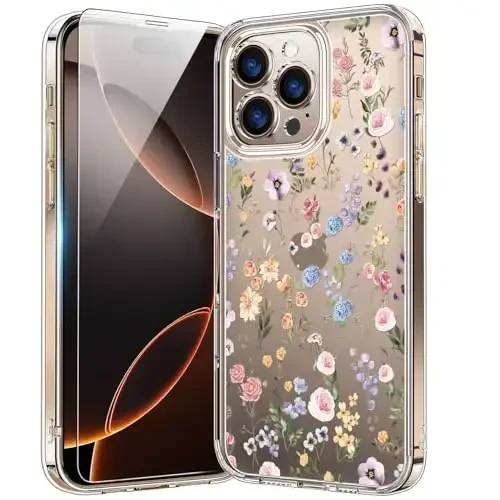 bicol for iPhone 16 Pro Max Case with Screen Protector, Enhanced Camera Protection, Crystal Clear with Fashionable Designs for Girls Women, Slim Fit Protective Phone Cover, Blooming Wildflower 