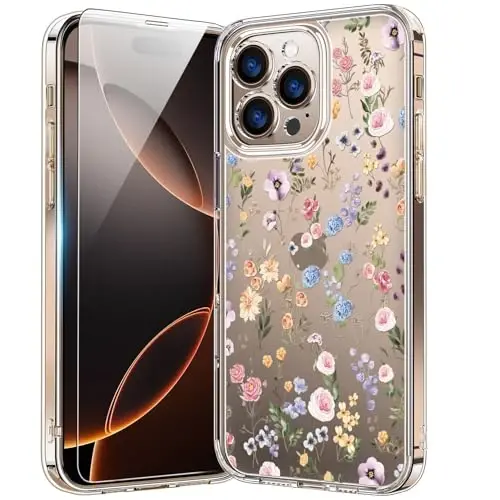 bicol for iPhone 16 Pro Max Case with Screen Protector, Enhanced Camera Protection, Crystal Clear with Fashionable Designs for Girls Women, Slim Fit Protective Phone Cover, Blooming Wildflower - 1