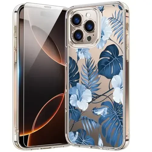 bicol for iPhone 16 Pro Max Case with Screen Protector, Enhanced Camera Protection, Crystal Clear with Fashionable Designs for Girls Women, Slim Fit Protective Phone Cover, Blue Leaves 