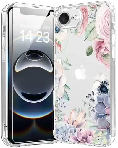 bicol for iPhone 16e Case with Screen Protector, Enhanced Camera Protection, Crystal Acrylic Clear with Fashionable Designs for Girls Women, Slim Fit Protective Phone Cover, Colorful Succulents 