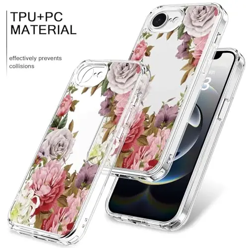 bicol for iPhone 16e Case with Screen Protector, Enhanced Camera Protection, Crystal Acrylic Clear with Fashionable Pattern Designs for Girls Women, Slim Fit Protective Phone Cover, Flower Garden - 3
