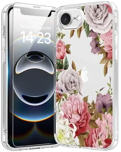 bicol for iPhone 16e Case with Screen Protector, Enhanced Camera Protection, Crystal Acrylic Clear with Fashionable Pattern Designs for Girls Women, Slim Fit Protective Phone Cover, Flower Garden - 1