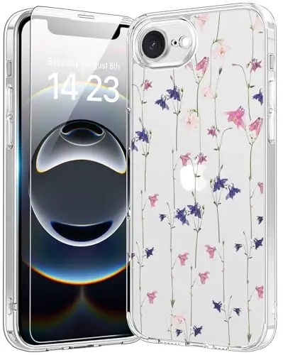 bicol for iPhone 16e Case with Screen Protector, Enhanced Camera Protection, Crystal Acrylic Clear with Fashionable Pattern Designs for Girls Women, Slim Fit Protective Phone Cover, Elegant Florals 