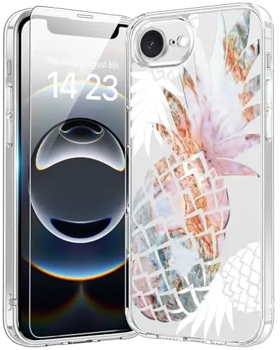 bicol for iPhone 16e Case with Screen Protector, Enhanced Camera Protection, Crystal Acrylic Clear with Fashionable Pattern Designs for Girls Women, Slim Fit Protective Phone Cover, Nice Pineapple 