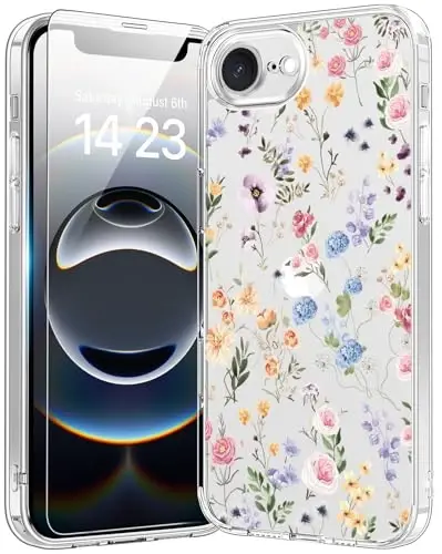bicol for iPhone 16e Case with Screen Protector, Enhanced Camera Protection, Crystal Acrylic Clear with Fashionable Designs for Girls Women, Slim Fit Protective Phone Cover, Blooming Wildflower - 1