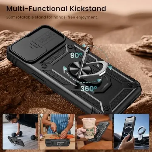 Goton Compatible for iPhone 16e Case with Screen Protector - Slide Camera Cover Protective Phone Case with Ring Stand, Heavy Duty Shockproof Rugged Bumper for iPhone 16e Accessories Black - 6