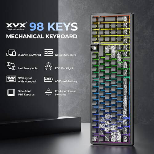 Ekranlı OHY Kablosuz Mekanik Klavye, XVX K98 Üç Modlu Bağlantı RGB Arka Aydınlatmalı Oyun Klavyesi, Sayısal Tuş Takımıyla Kremsi Klavye, Conta Yapısı, Win/Mac İçin Sıcak Takım Özelleştirilebilir Klavye - Mercan Denizi - 2