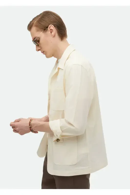 Экрю рангли Casual Fit тўқима пахта аралашман оверширт - 5