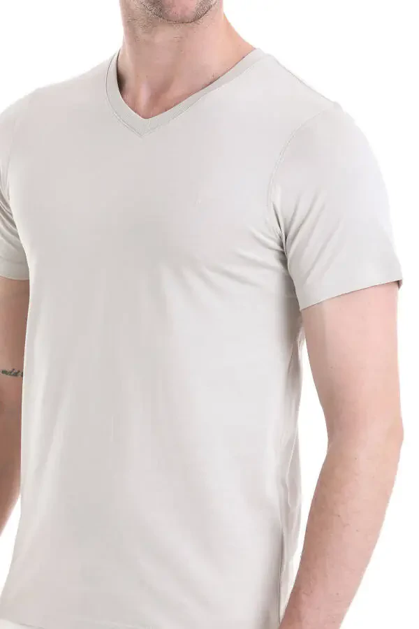 Ekru Regular Fit Düz 100% Pamuklu V Yaka Tişört - 5