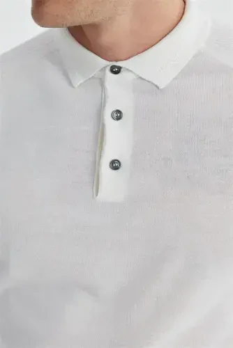 Экрю Slim Fit Шерстяной Узорчатый Трикотаж Поло Воротник - 4