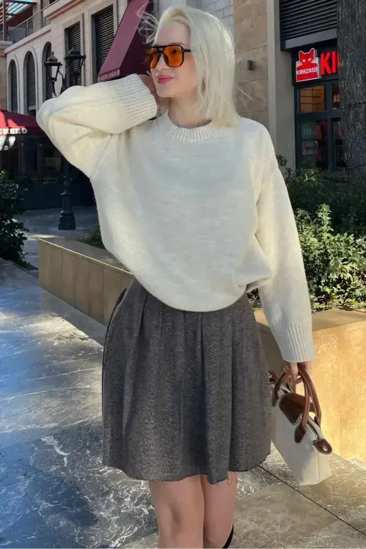 Экрю Велосипедный Воротник Oversize Трикотажный Свитер MG1972-Экрю - 7