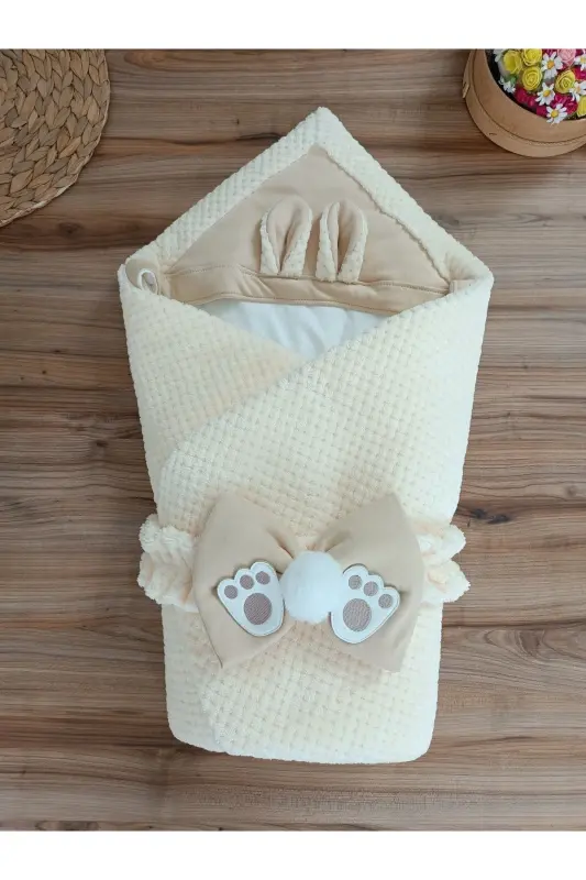 Kız Erkek Bebek Battaniyesi Kışlık %100 Pamuklu Dış Kundak Yenidoğan Hastane Çıkışı Örtü-EKRU - 5