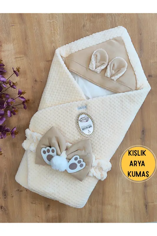 Kız Erkek Bebek Battaniyesi Kışlık %100 Pamuklu Dış Kundak Yenidoğan Hastane Çıkışı Örtü-EKRU - 8