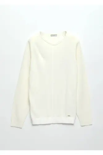 Ekru Bısıklet Yaka Jakarlı Yun Aralash Trıko - 6