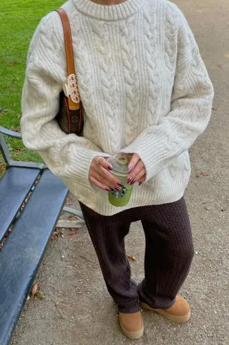 Ekru Bisiklet Yaka Örme Triko Kazak MG2009-Ekru - 7